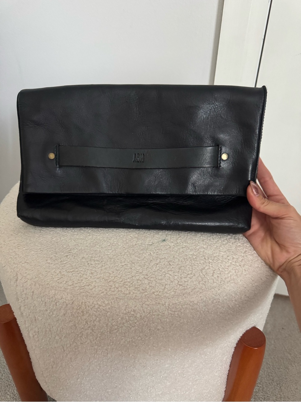 Madewell Black Leather Fold-Over Clutch with Strap Detail